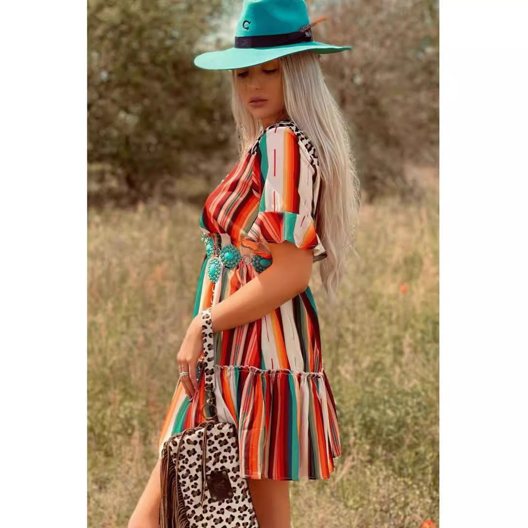 Bohemian Colorful Striped Pleated Flared Short Sleeve Dress