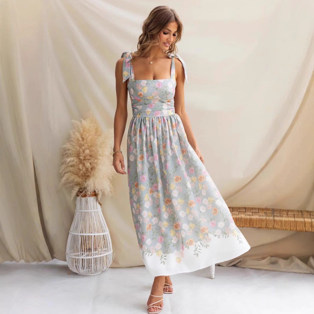 Floral waist cinching slim fit color blocked camisole jumpsuit long skirt