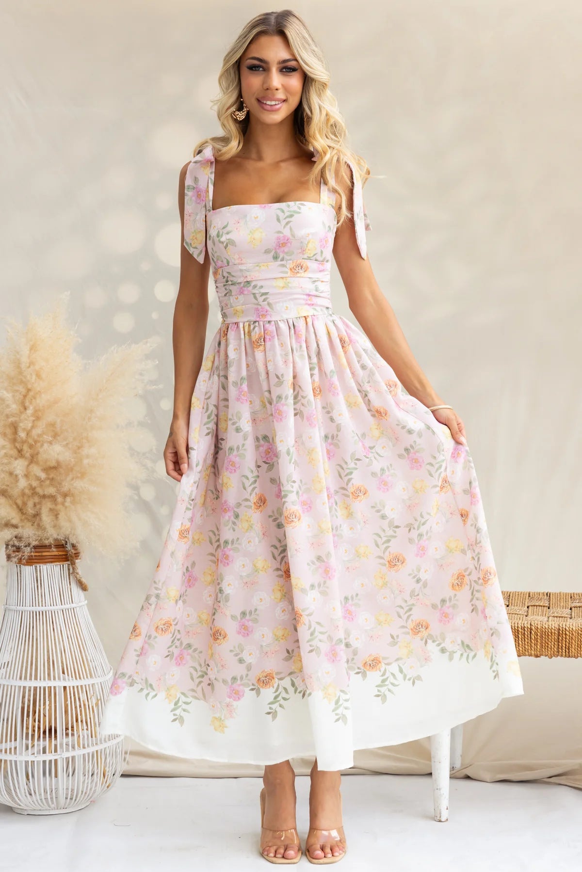 Floral waist cinching slim fit color blocked camisole jumpsuit long skirt