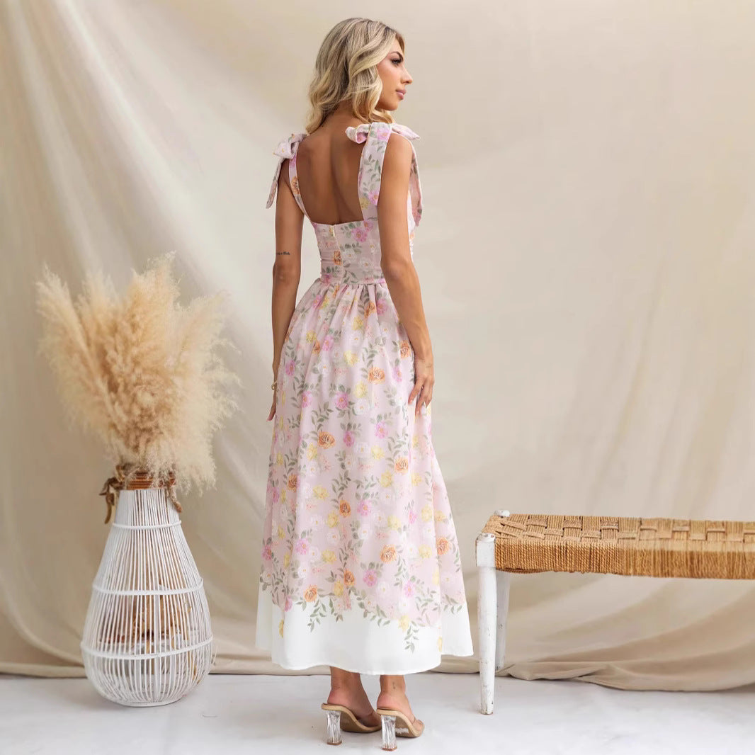 Floral waist cinching slim fit color blocked camisole jumpsuit long skirt