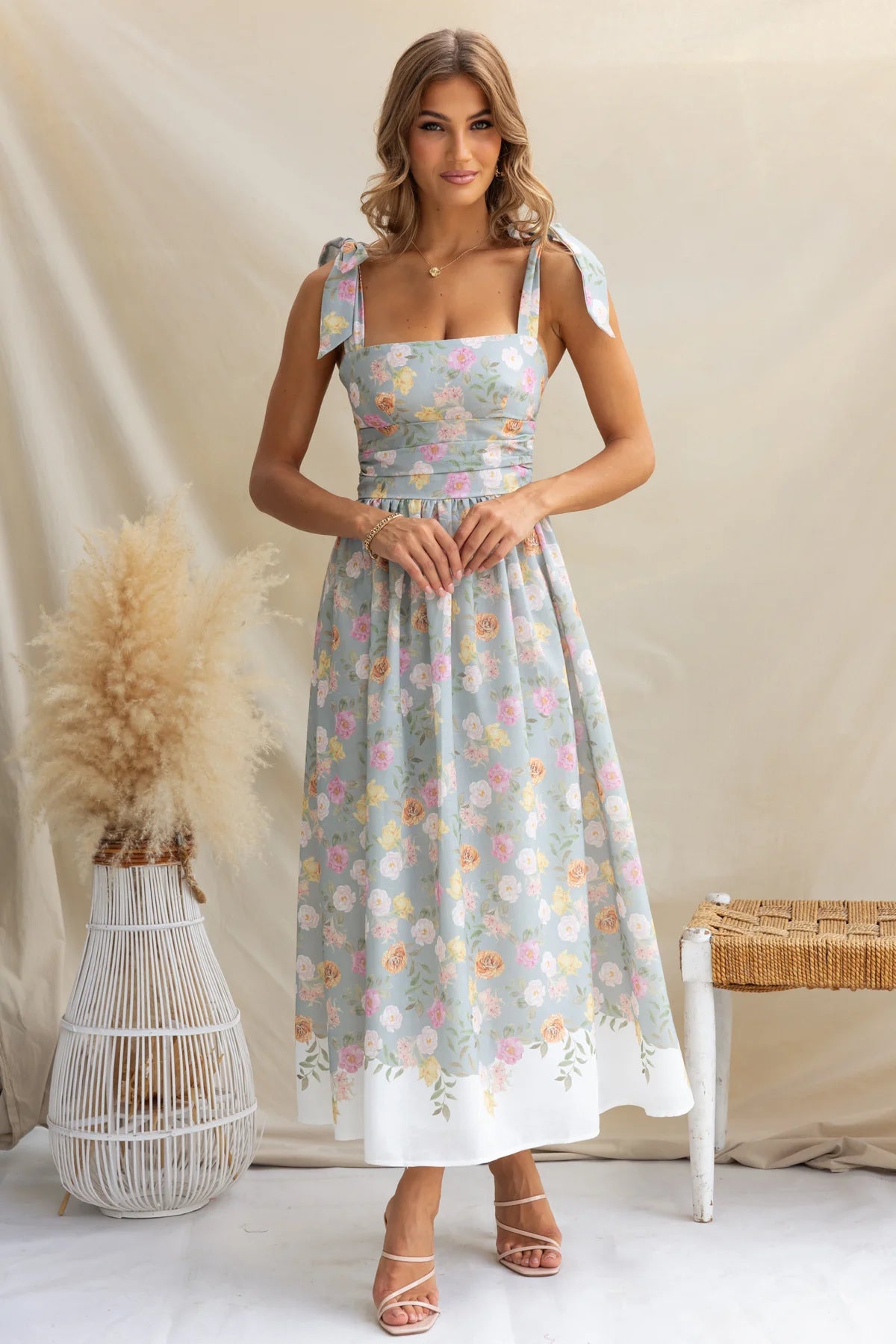 Floral waist cinching slim fit color blocked camisole jumpsuit long skirt