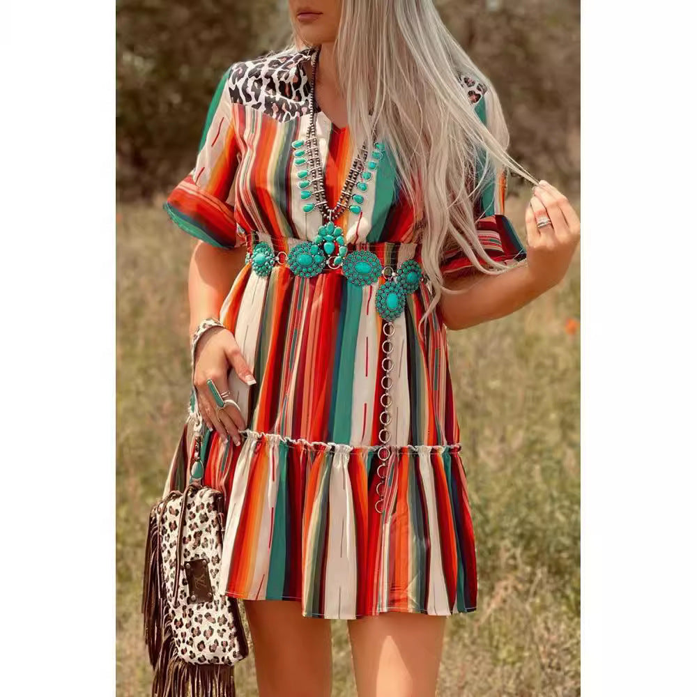 Bohemian Colorful Striped Pleated Flared Short Sleeve Dress