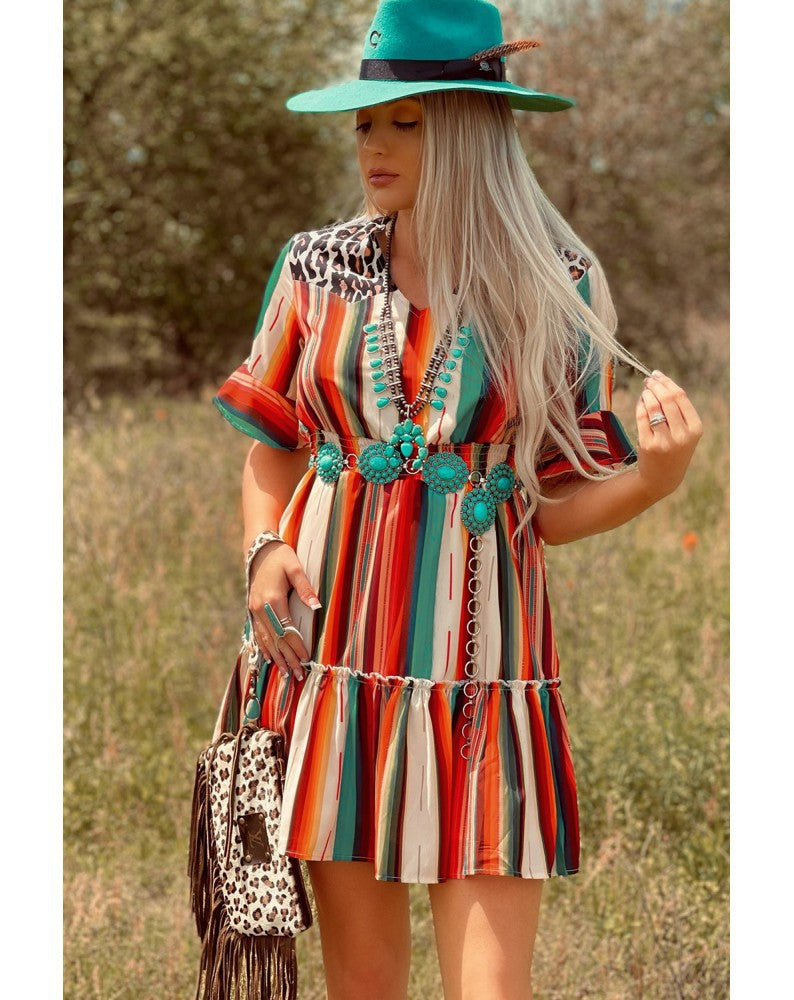 Bohemian Colorful Striped Pleated Flared Short Sleeve Dress