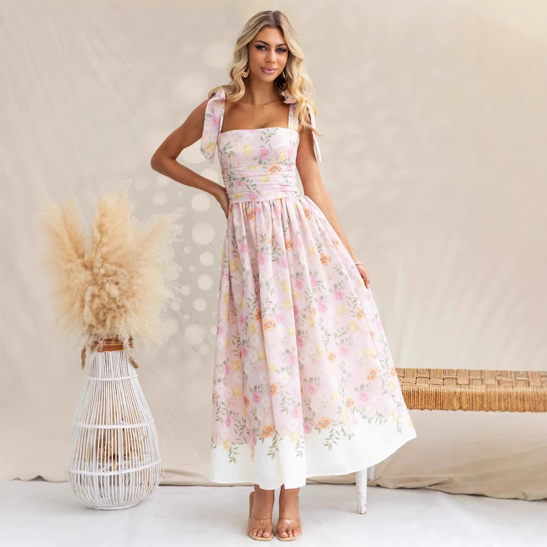 Floral waist cinching slim fit color blocked camisole jumpsuit long skirt