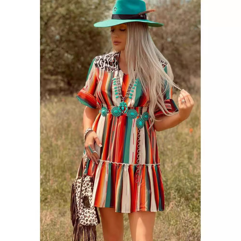 Bohemian Colorful Striped Pleated Flared Short Sleeve Dress